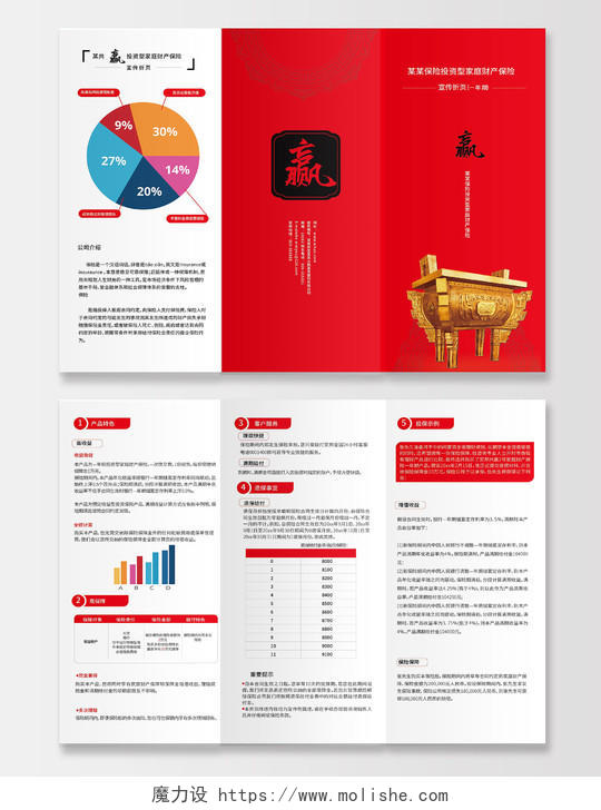 红色创意简洁中国风投资保险公司宣传三折页设计保险折页